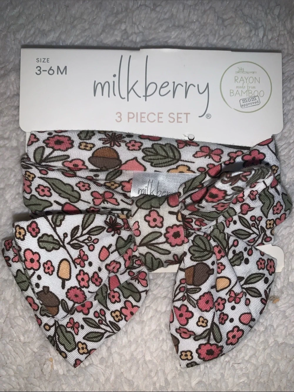 NWT Milkberry 3pc Set 3-6M Bamboo Bodysuit Pants Headband Acorns